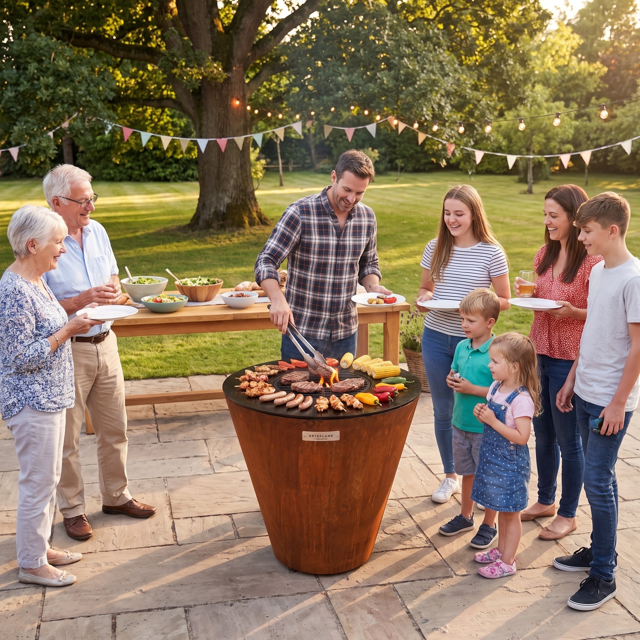 Multi-generation family gathered around the 30-inch Arteflame ONE30 in a backyard, the dining-table-height cooktop loaded with steaks, sausages, skewers and corn